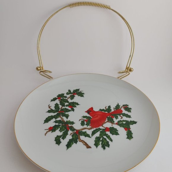 Vintage Lefton China Cardinal Serving Plate Removable Brass Handle Christmas - Picture 3 of 7